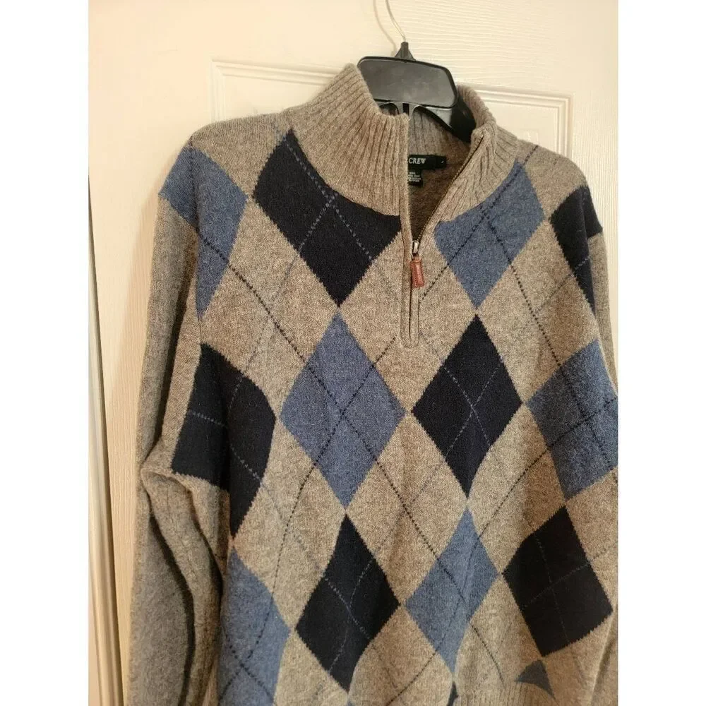 J.Crew Wool Argyle Grey Blue Sweater 1/2 Zip L